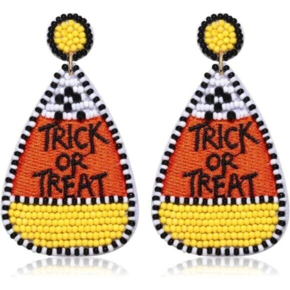 Halloween Beaded Drop Earrings Candy Corn Pumpkin Dangle Studs Festive Holiday